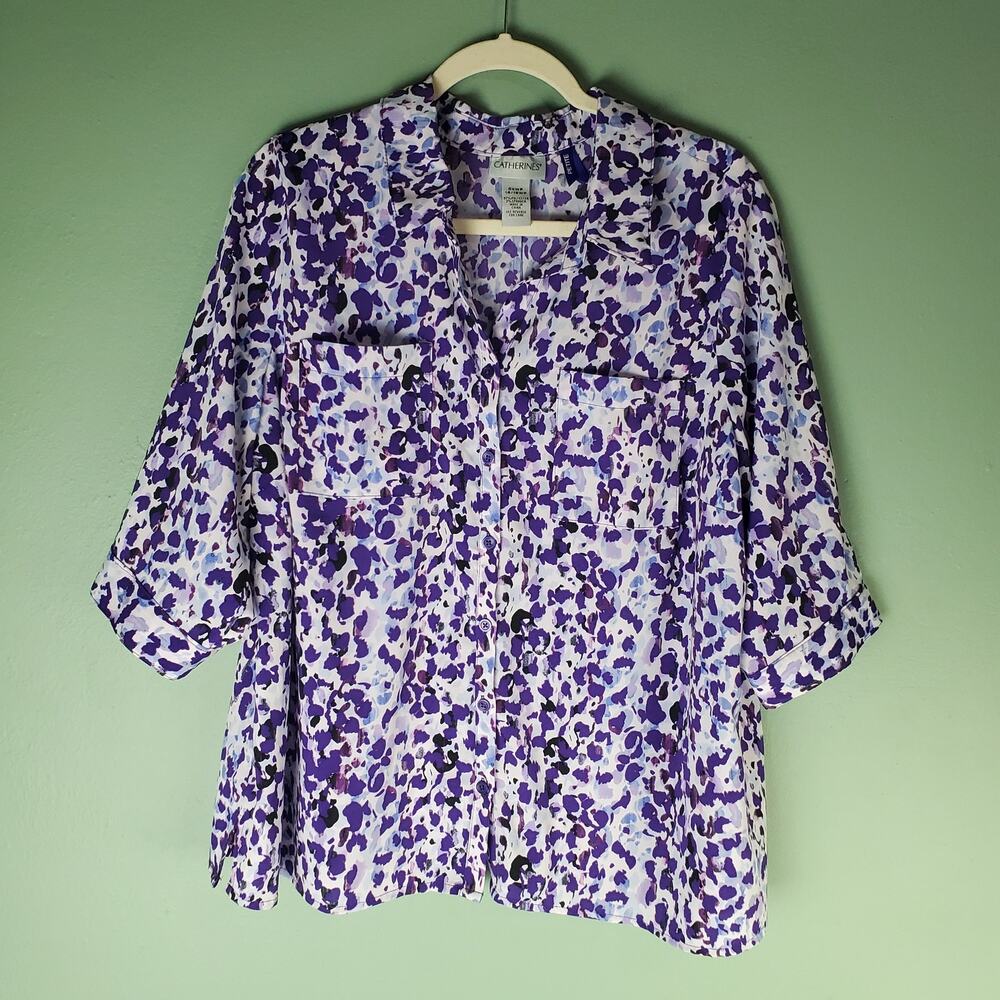 Catherines Womens Multicolor Purple Abstract Print Button Up Blouse Size 0XWP